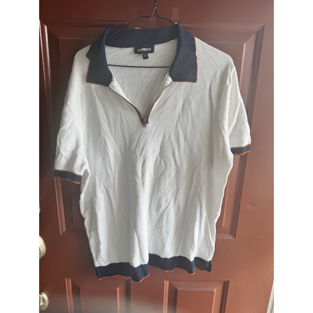 Express Men's White Blue Polo Short Sleeve Quarter Zip Shirt Large Cotton